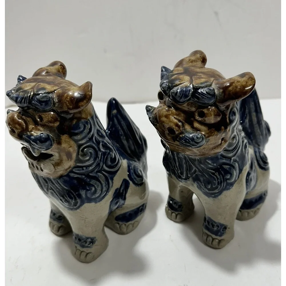 Vintage Japanese Foo Dogs Ceramic Pair Blue‎ 6 Inch Figurine